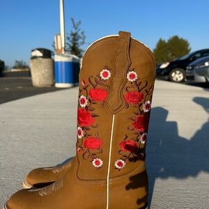 Brown Cowboy Boots with Red Floral Embroidery
